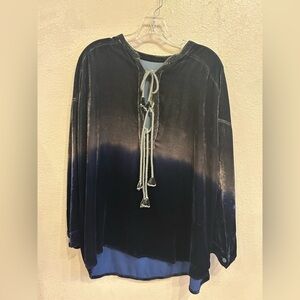 Johnny Was Velvet Tunic S Dip Dye Ombré Blue Gray Long Sleeve Tassels Tie Front